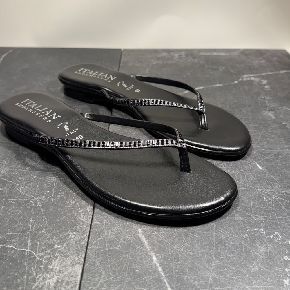 Women Italian Shoemakers Shoes | Size 10 | Black Rhinestone Thong Wedge Sandals - Picture 4 of 9